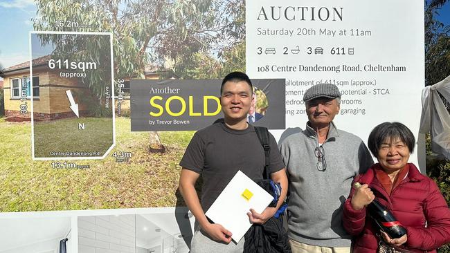 The buyer of 108 Centre Dandenong Rd with his parents, who helped him celebrate.