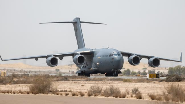 A RAAF C-17A Globemaster carrying evacuees from Kabul arrives at Australia’s main operating base in the Middle East. Picture: ADF