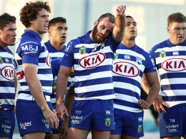 Bulldogs players looks on during the Round 15 NRL match between the Canterbury-Bankstown Bulldogs and the Gold Coast Titans at Belmore Sports Ground in Sydney, Saturday, June 16, 2018. (AAP Image/Brendon Thorne) NO ARCHIVING, EDITORIAL USE ONLY