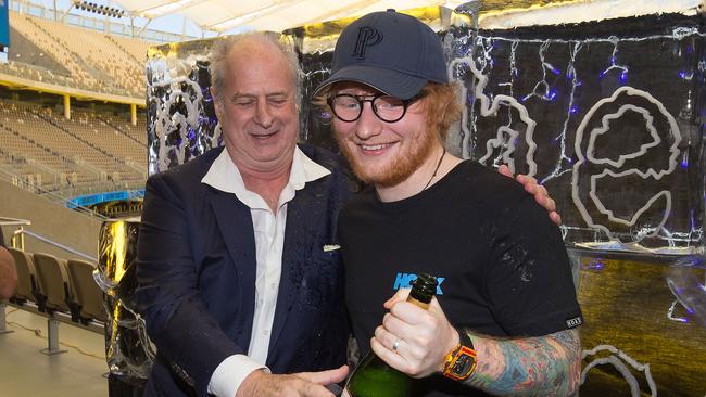 Sheeran and Gudinski celebrating his record-breaking tour of Australia in 2018. Picture: Matt Jelonek/WireImage.