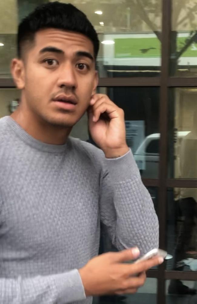 Rapper Hooligan Skinny or Engu 'Justice' Tavai, leaves Blacktown Local Court charged over an alleged stabbing and brawl at Doonside train station in November 2020. Picture: Kate Lockley