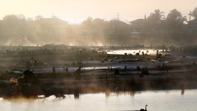 02/07/2018 Lake Mulwala on the Murray river has been drained for winter. Boats are grounded and the original river course runs between the mud flats that are usually in the man made lake. Picture : David Geraghty / The Australian.