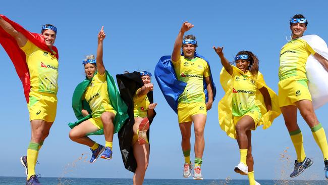 (L-R) Ed Jenkins, Emma Tonegato, Sharni Williams, Lewis Holland, Ellia Green and Sam Myers pose at Narrabeen Beach, Sydney on October 4, 2017. (Photo by Jason McCawley/News Corp)