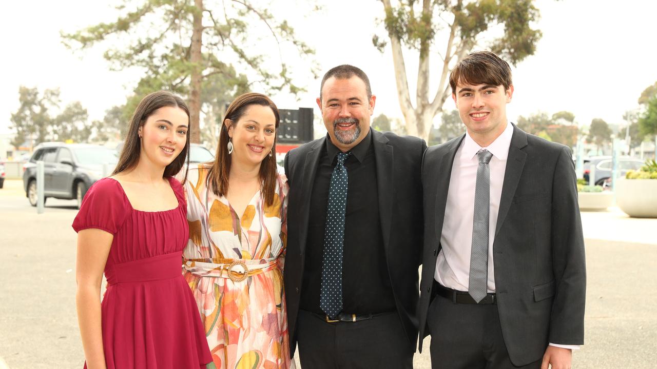 Graduate Ethan Skene and sister Emily, parents Jenni and Shane at the Belmont High School year 12 graduation at GMHBA Stadium. Picture: Alison Wynd