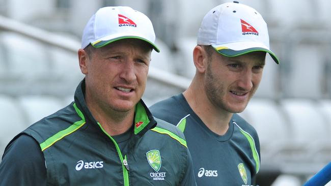 Australia’s Brad Haddin, left, and Australia’s Peter Nevill walk for nets practice in preparation for the third Ashes Test cricket match, at Edgbaston, Birmingham, England, Tuesday, July 28, 2015. (AP Photo/Rui Vieira)