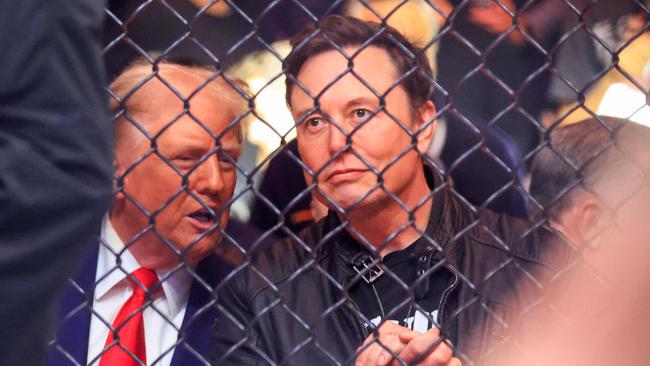 US President-elect Donald Trump and Tesla and SpaceX CEO Elon Musk watch a fight during UFC 309. Picture: Kena Betancur/AFP