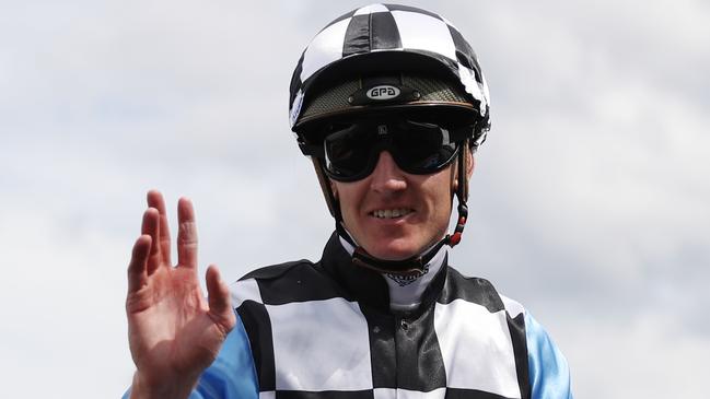 Jockey Chad Schofield celebrates Bel Merci’s impressive victory in the Group 3 Gimcrack Stakes at Royal Randwick. Picture: Jeremy Ng / Getty Images