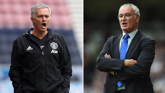 Manchester United manager Jose Mourinho (L) and Leicester City manager Claudio Ranieri.