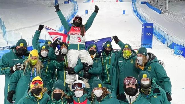 Australia’s freestyle skiers chair gold medallist Jakara Anthony after her win in the women’s moguls.