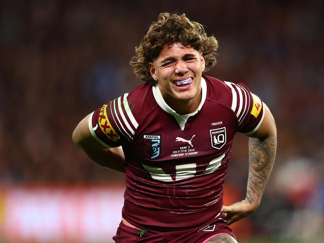 BRISBANE, AUSTRALIA - JULY 17: Reece Walsh of the Maroons reacts after an injury during game three of the 2024 Men's State of Origin series between Queensland Maroons and New South Wales Blues at Suncorp Stadium on July 17, 2024 in Brisbane, Australia. (Photo by Chris Hyde/Getty Images)