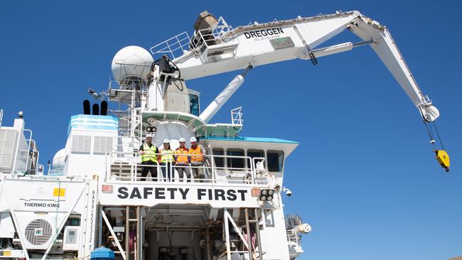 University of Tasmania students Jackson Griffin and Amelia Jensen with Tegan Sime and Dr Rich Little from CSIRO on board the RV Investigator. Picture: Linda Higginson