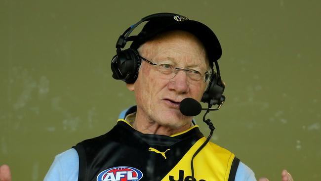 29/09/2017: Richmond great Kevin Bartlett talks on the radio at the Richmond Football Club final training ahead of the AFL Grand Final.  Picture: Stuart McEvoy for the Australian.