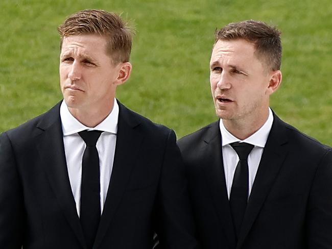 GEELONG, AUSTRALIA - FEBRUARY 14: Scott Selwood and Joel Selwood look on during Troy Selwood's Funeral Service at GMHBA Stadium on February 14, 2025 in Geelong, Australia. (Photo by Michael Willson/AFL Photos via Getty Images)