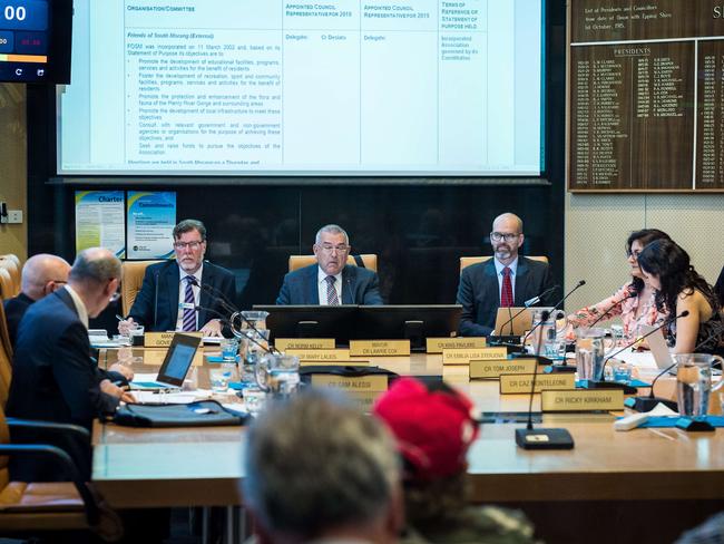 Former Whittlesea Council chief executive Simon Overland watches on at a 2019 council meeting. Picture: Jake Nowakowski