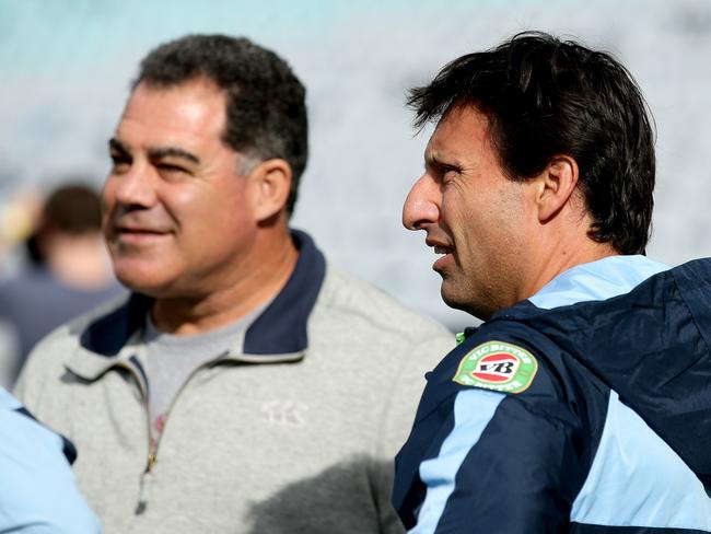 Wait, what? Mal Meninga with Blues coach Laurie Daley. Picture: Gregg Porteous