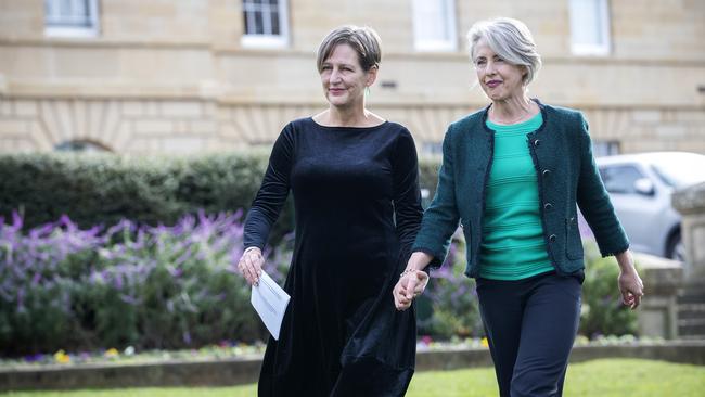 Greens Leader Cassy O'Connor MP announces her resignation with Dr Rosalie Woodruff MP at Hobart. Picture: Chris Kidd