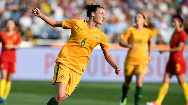 Chloe Logarzo of the Matildas celebrates after scoring their fifth goal against China in Geelong, Sunday on November 26. Picture: AP