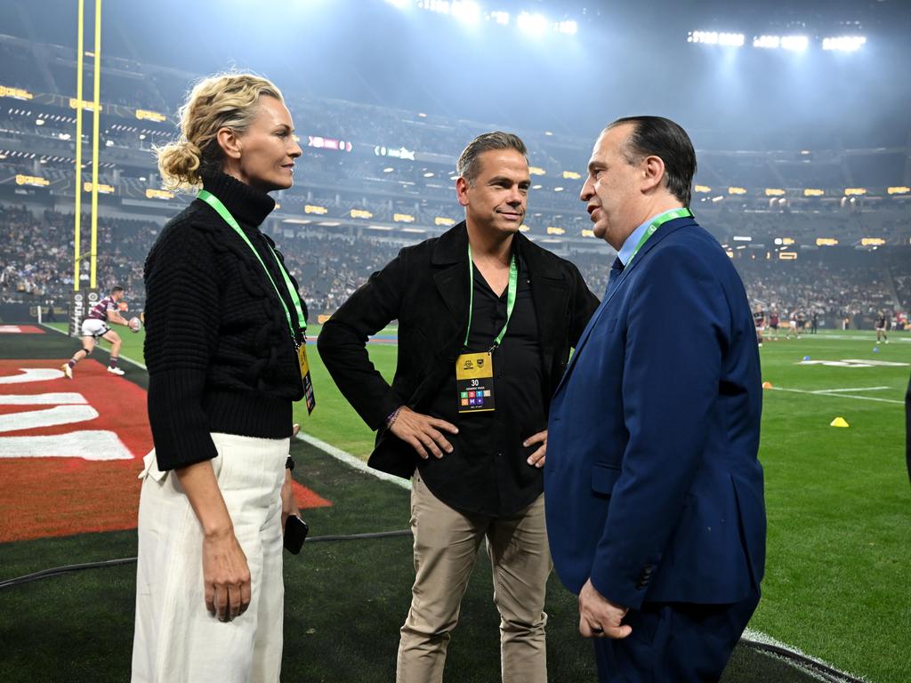 (L-R) Sarah Murdoch, Chairman of News Corp Lachlan Murdoch and ARLC chairman Peter V’landys in Vegas last year. Picture: NRL Photos