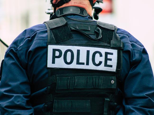 Generic Police  / cop stock photos.  Reims France May 18, 2019 Close up of the French National Police in intervention against the rioters during protests of the Yellow Jackets in the streets of Reims on saturday afternoon