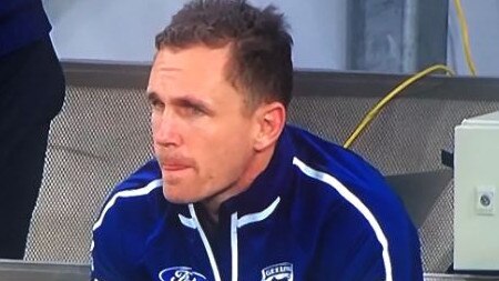 Joel Selwood watches on after injuring his hamstring during Geelong’s Round 7 clash with Collingwood.