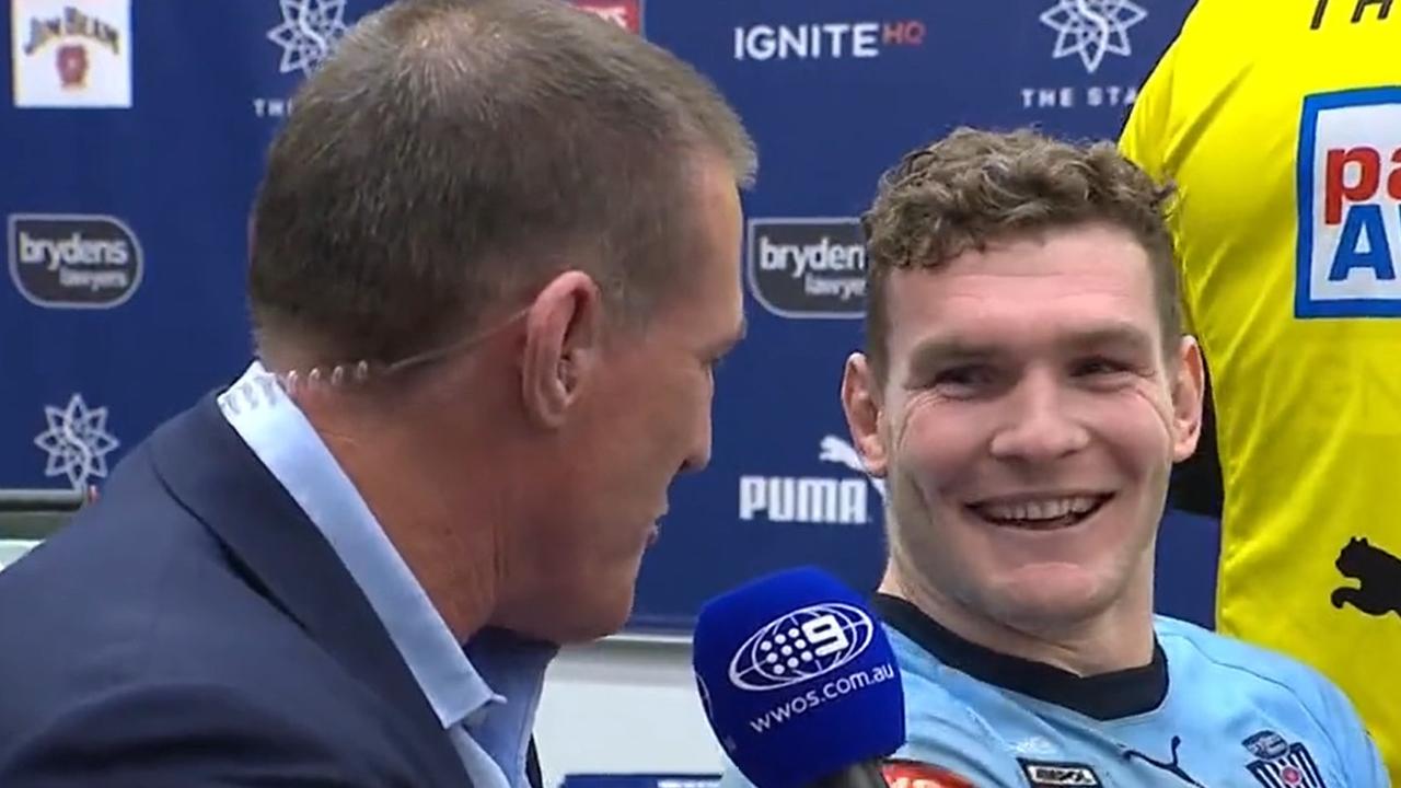 Blues grub Liam Martin sees the funny side. Photo: Channel 9