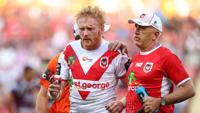 James Graham leaves the field with a concussion.