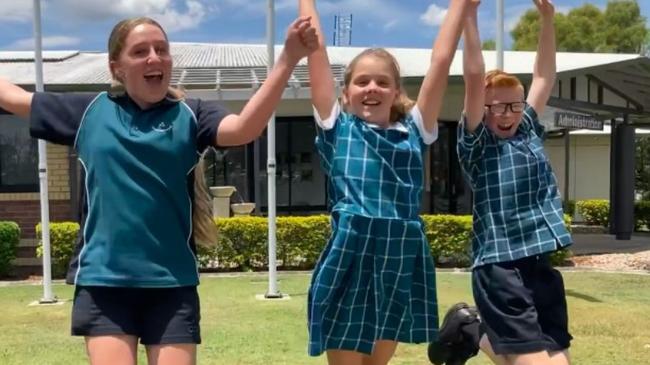 Caitlyn Mullin, Pippa Smith and Pax McAllister celebrate Cooloola Christian College’s continued high performance in NAPLAN, with the school rated the top performer across the five year period from 2017 to 2021.