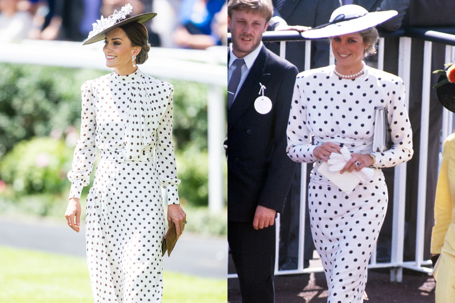 <h2>Princess Kate (2022) and Princess Diana (1988)</h2><p>The Duchess of Cambridge turned heads at the 2022 Royal Ascot in a black-and-white polka dot midi dress by Alessandra Rich that bore striking similarities to one her late mother-in-law had worn to the same event in 1988. Though there were subtle differences&mdash;Kate&rsquo;s featured a high-neck and bishop sleeves, while Diana&rsquo;s had been more form-fitting&mdash;the palette, cinched silhouette and and unmistakable &rsquo;80s sensibility was interpreted by many as a tribute to the Princess.</p>