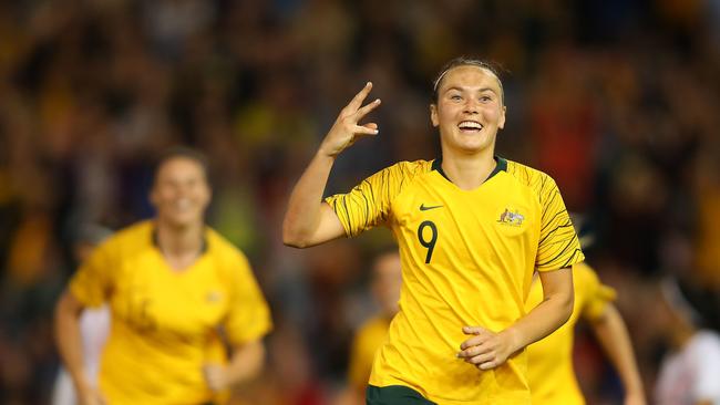 Caitlin Foord of Australia celebrates her hat-trick against Chile. Picture: Getty Images
