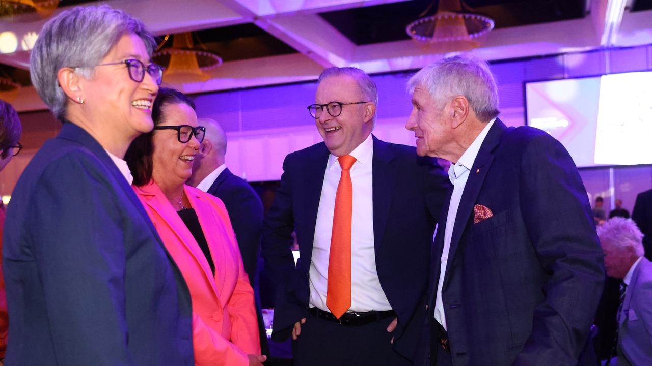 Anthony Albanese, with frontbenchers Penny Wong and Madeleine King, meets with Kerry Stokes at the 7West Leadership Matters Breakfast. Picture: Mark Stewart / NewsWire