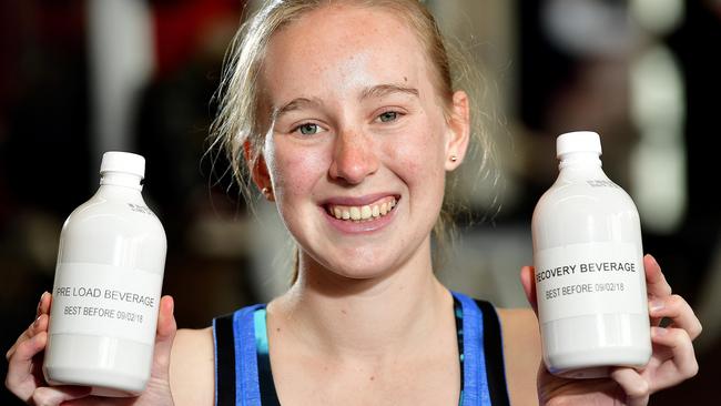 Flinders University student Tessa Manning tries out the new prototype sports drinks. Picture: Bianca De Marchi