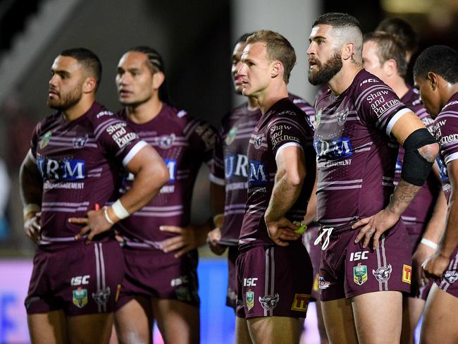 Sea Eagles players react after conceding a try during the Round 23 NRL match between the Manly-Warringah Sea Eagles and the Gold Coast Titans at Lottoland in Sydney, Friday, August 17, 2018. (AAP Image/Dan Himbrechts) NO ARCHIVING, EDITORIAL USE ONLY