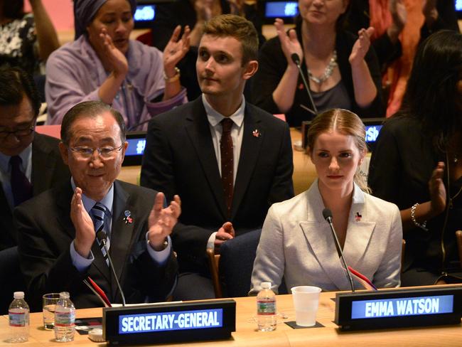 Making friends ... UN Women Goodwill Ambassador Emma Watson (R) and United Nations Secretary General Ban Ki-moon at the United Nations in New York. Pic: AFP PHOTO/Timothy A. Clary