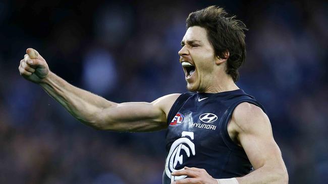 Nick Duigan celebrates a goal in the 2013 elimination final. Picture: Michael Klein.