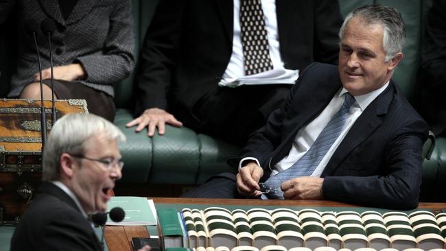 Opposition leader Malcolm Turnbull faces then PM Kevin Rudd in Question Time in 2008.