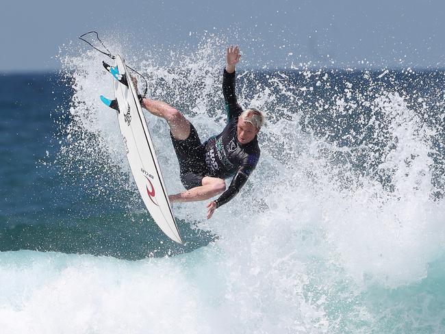 Competitor Dylan Moffat in the 2021 Vissla Central Coast pro at Avoca Beach Thursday 4th March 2021. pic Sue Graham