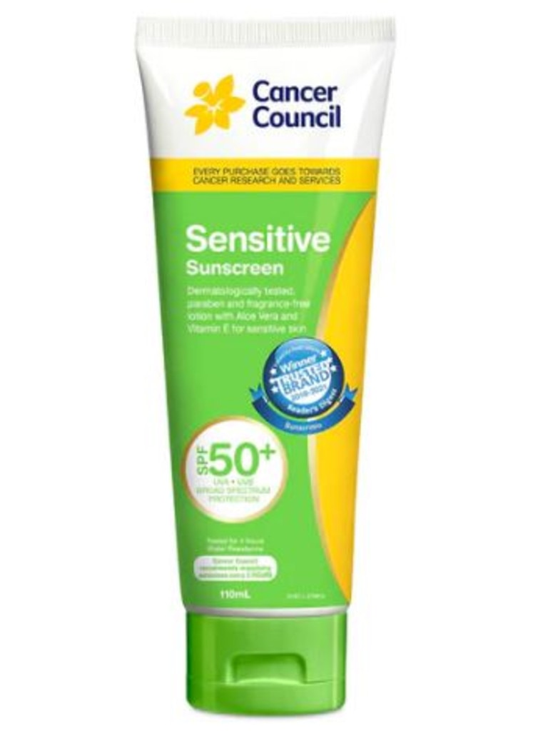 Cancer Council’s Sensitive Sunscreen SPF50+ 110ml tube has been recalled for containing Benzene. Picture: Supplied.