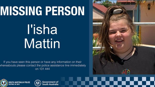 Missing person I'isha Mattin, 16. Picture SA Police Facebook