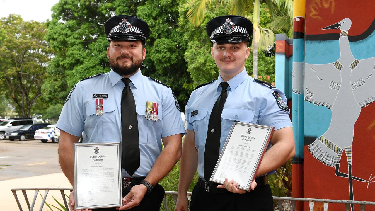 Acting Sergeant Allister Morris and Constable Luke Eldridge have been awarded district officers certificates at the Townsville District Honors' and Awards ceremony. Picture: Shae Beplate.