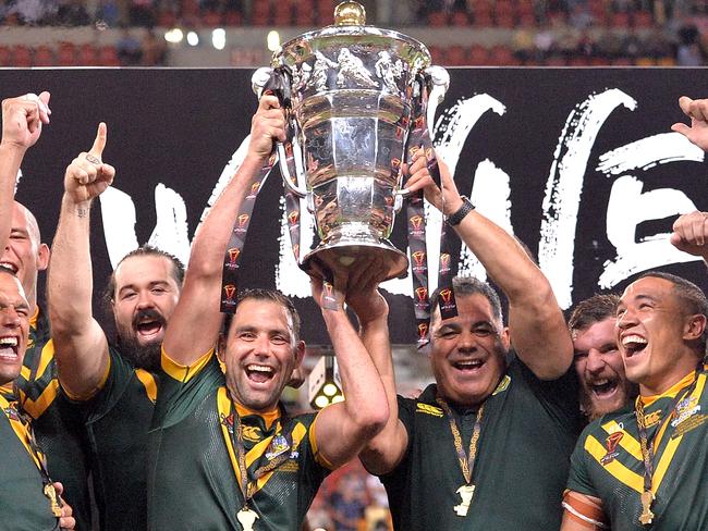 Kangaroos celebrate victory in the Rugby League World Cup Final.