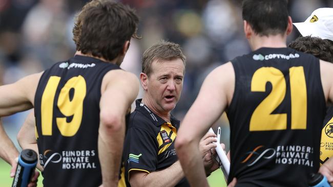 Stone addresses some of his players during Sunday’s SANFL grand final. Picture: Sarah Reed.