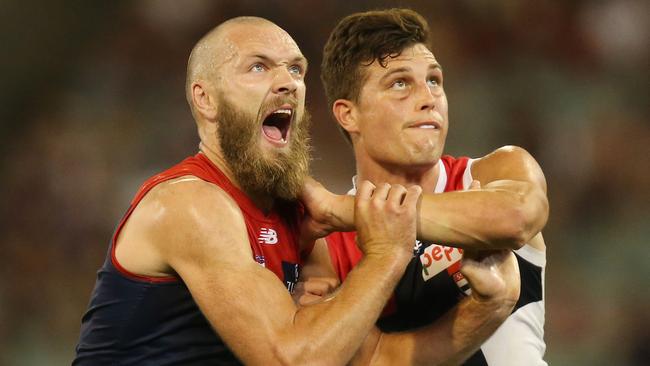 Demons star Max Gawn and Saints young gun Rowan Marshall fought out an entertaining battle in the ruck. Picture: Getty Images