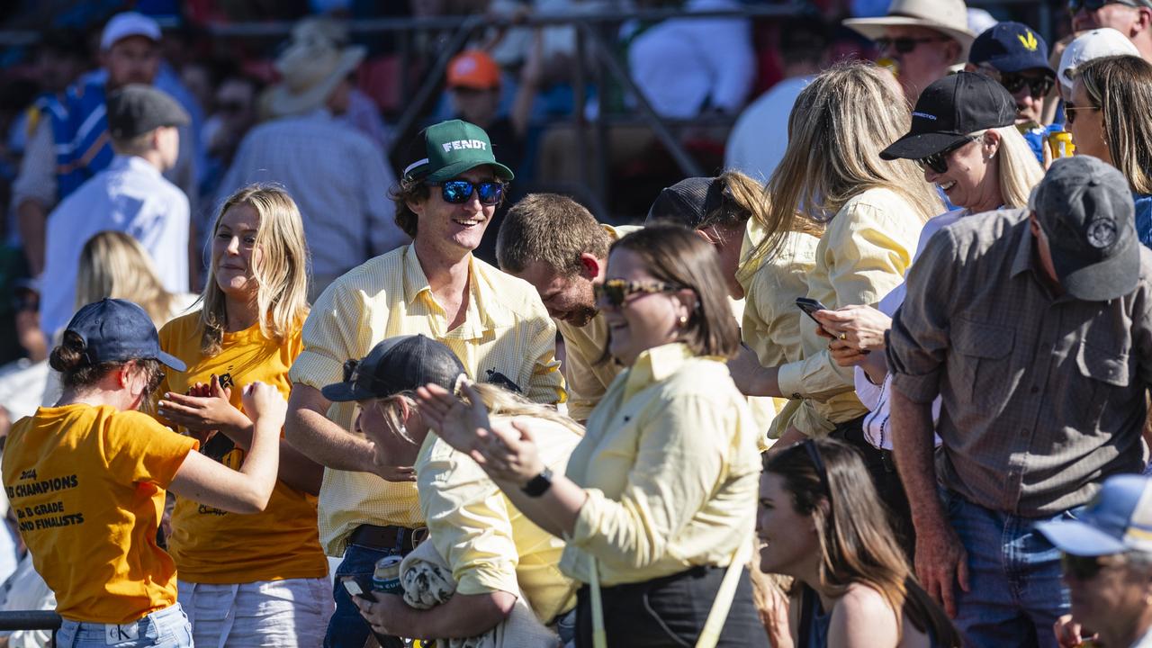 Goondiwindi supporters get behind the Emus after a try in the Bill Flamsteed Cup match on Downs Rugby grand final day at Clive Berghofer Stadium, Saturday, August 24, 2024. Picture: Kevin Farmer