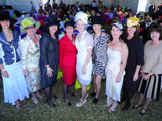 (L-R) Rosemarie Tapiolas, Lyn Kern, Marilyn Buckby, Carol Hurle, Cheryl Collins, Marisa Gusmeroli, Kelly Mitchell, Ros Barker and Jenny Richardson enjoy the day at Cluden Race Track in Townsville for Ladies Day.