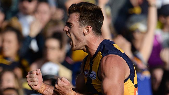 Scott Lycett celebrates during West Coast’s win over Collingwood.