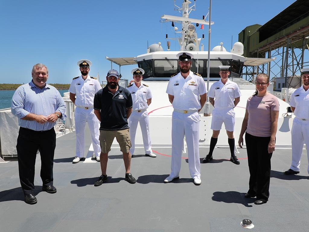 Mayor Jack Dempsey (left) aboard the Royal Australian Navy vessel ADV Cape Inscription at the Port of Bundaberg with LEUT Worboys, Dwayne Butcher, LEUT, Sheppard, commanding officer LCDR Richard Currie, AB Beresford, Cr Tanya McLoughlin and AB Savage.