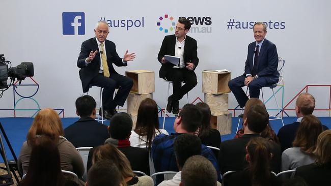 Malcolm Turnbull and Bill Shorten fielded some questions from the live audience during Friday’s debate, moderated by TV host Joe Hildebrand. Picture: Kym Smith