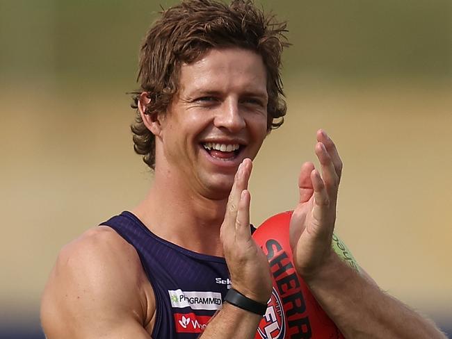 PERTH, AUSTRALIA - MARCH 18: Nat Fyfe looks on during a Fremantle Dockers AFL training session at Victor George Kailis Oval, on March 18, 2022 in Perth, Australia. (Photo by Paul Kane/Getty Images)