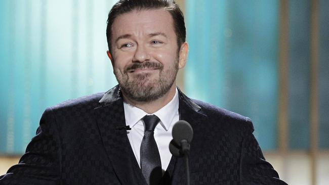 68th ANNUAL GOLDEN GLOBE AWARDS -- Pictured: Host Ricky Gervais on stage during the 68th Annual Golden Globe Awards held at the Beverly Hilton Hotel on January 16, 2011  (Photo by Paul Drinkwater/NBC/NBCU Photo Bank via Getty Images)