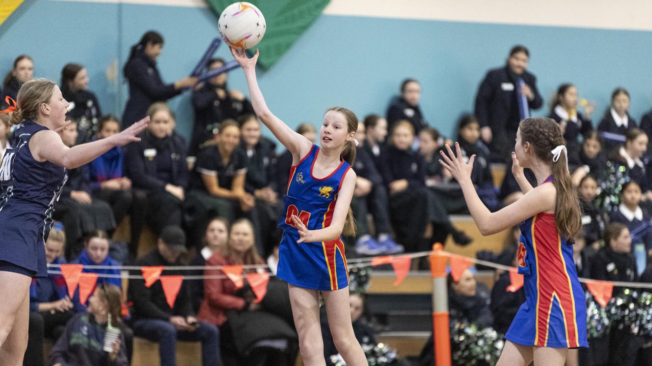 Abigail Redinger of Downlands Junior B against St Ursula's Junior B in Merici-Chevalier Cup netball at Salo Centre, Friday, July 19, 2024. Picture: Kevin Farmer